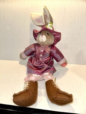 Vintage Avon Plush Bunny in Mauve Satin Dress and Hat sings”Easter Parade”